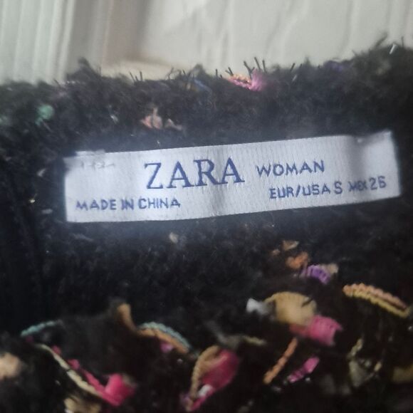 Zara Black Multicolor Boucle Knit Sweater Pearl Sleeves Tweed Holiday Size Small - Picture 4 of 4